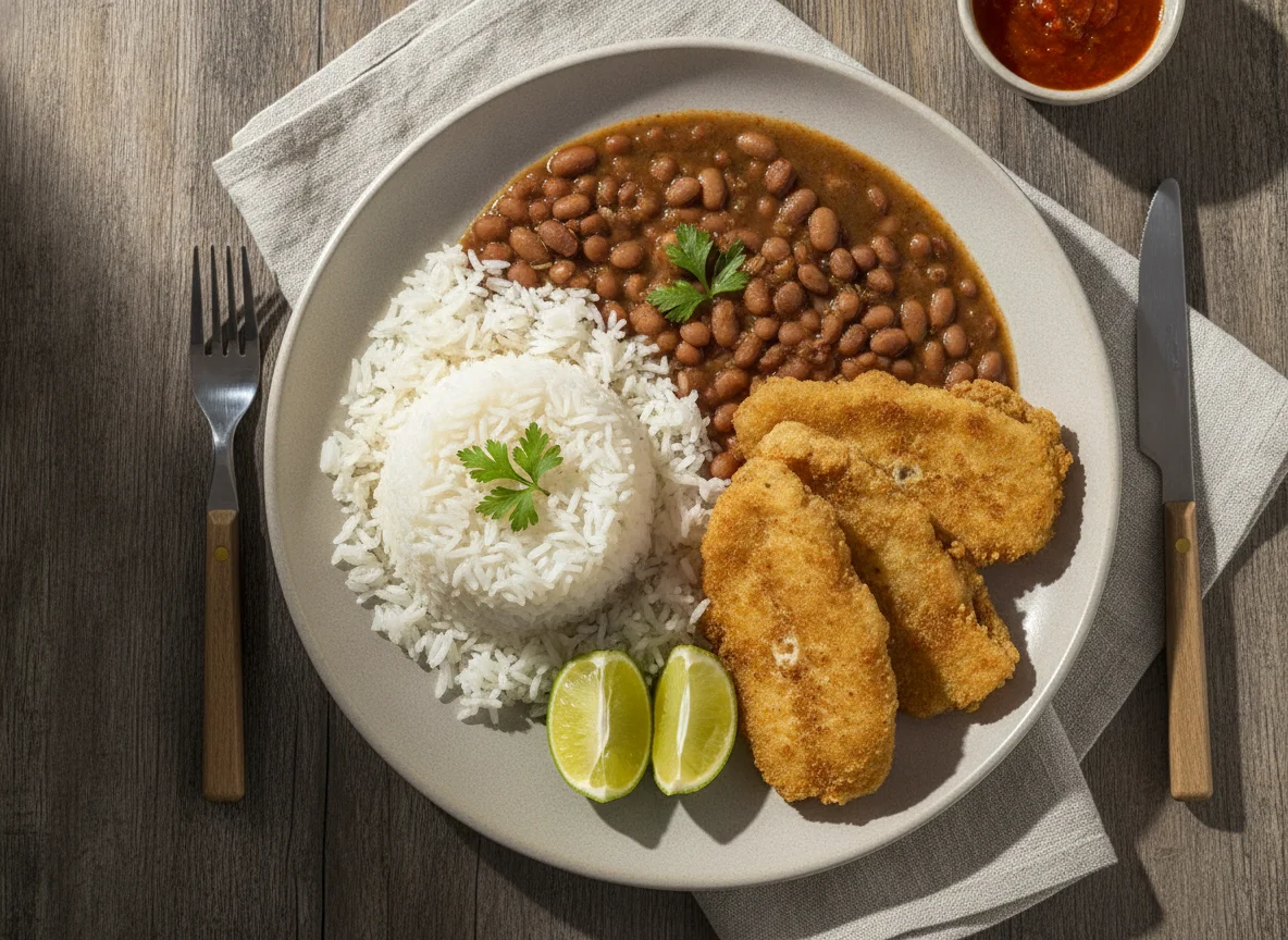 Prato com arroz, feijão e peixe frito photo