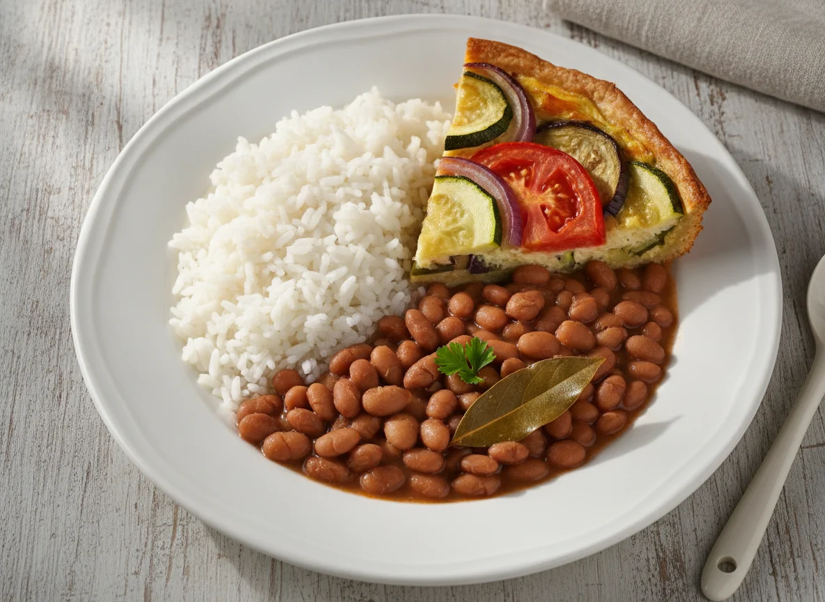 Prato com arroz, feijão e torta de legumes photo