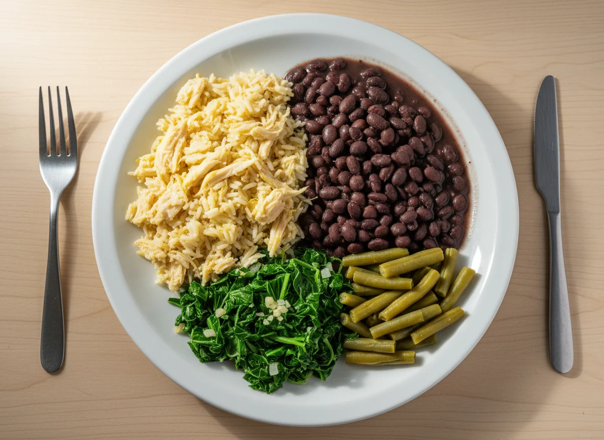 Prato com arroz, feijão e vegetais photo