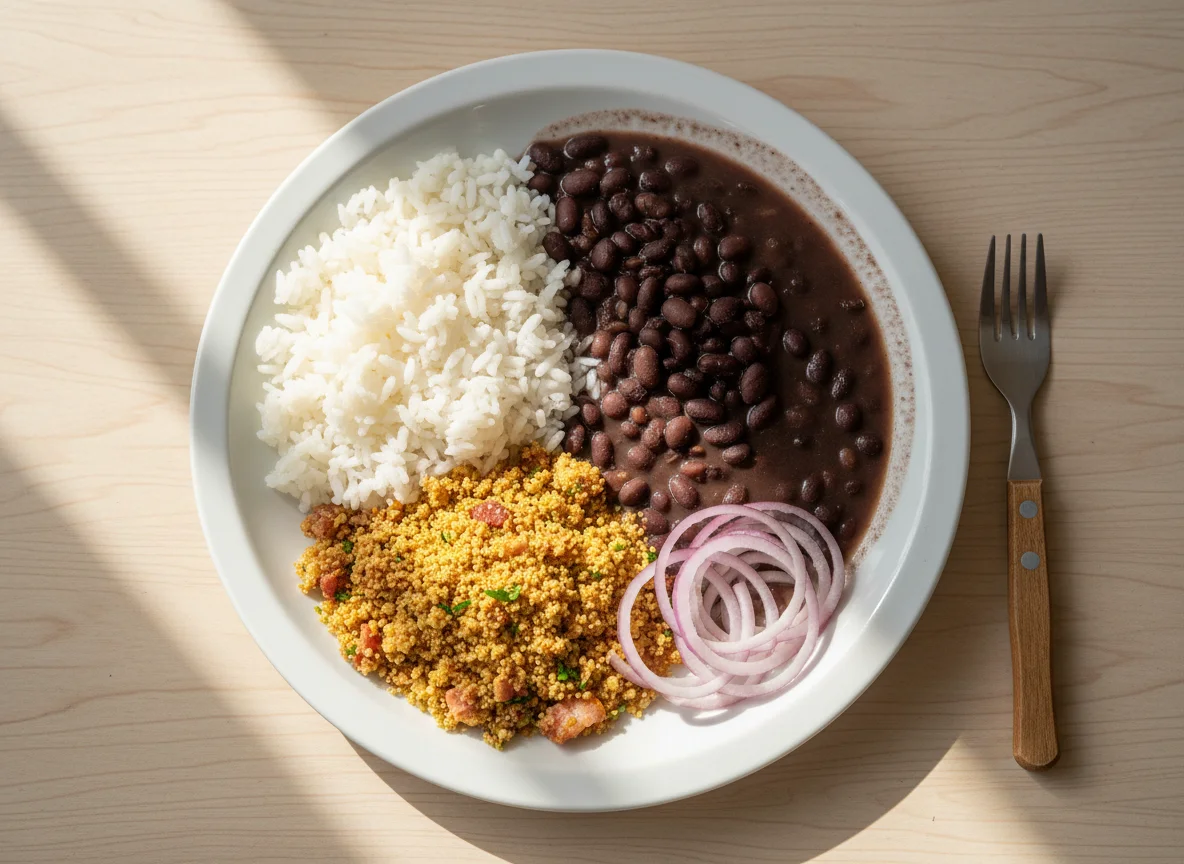 Prato com arroz, feijão, farofa e cebola photo