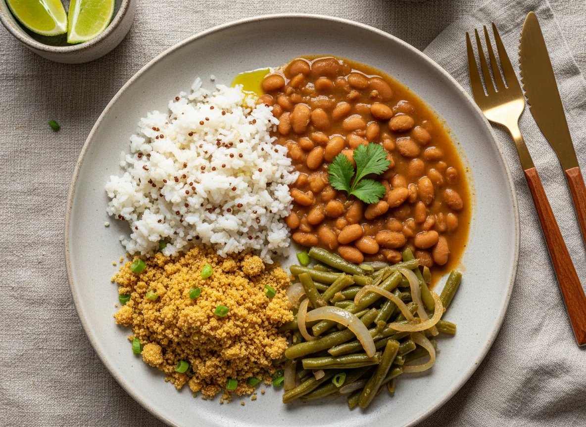 Prato com arroz, feijão, farofa e vagem photo
