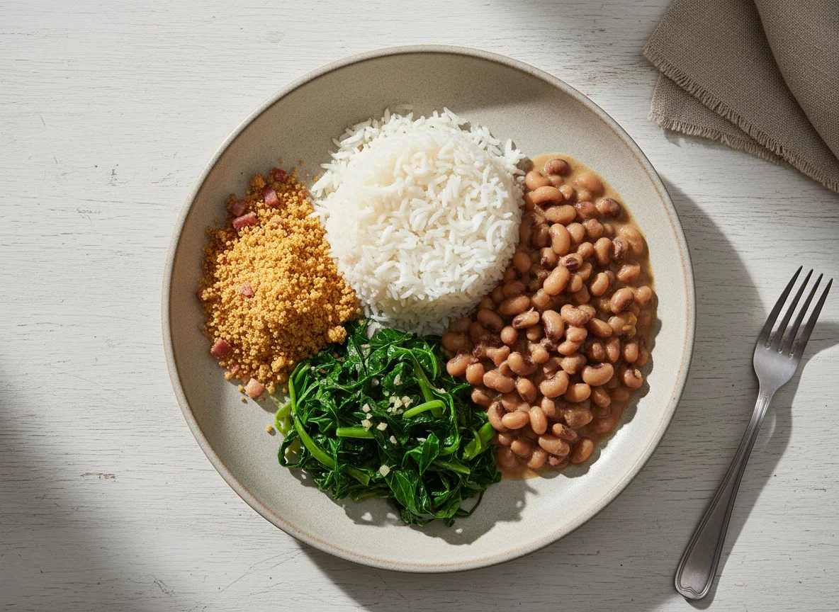 Prato com arroz, feijão fradinho e couve refogada photo