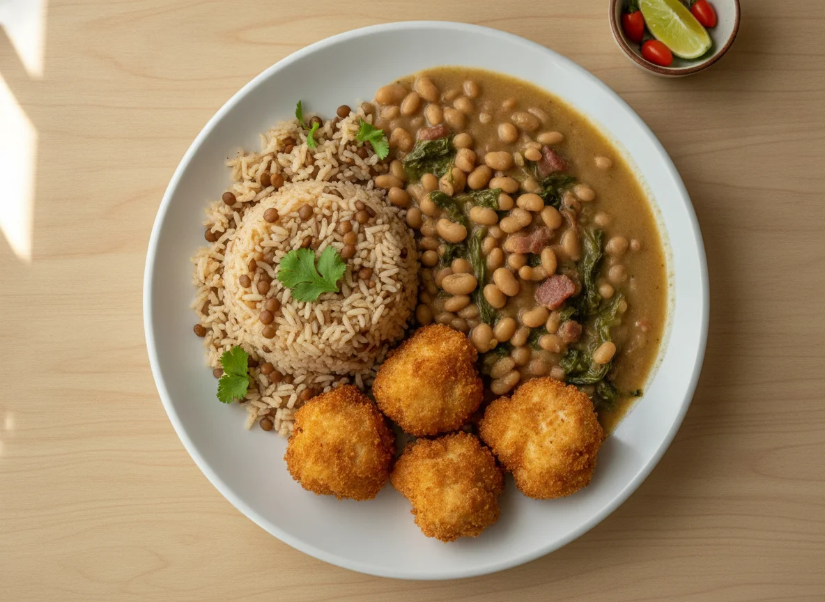 Prato com arroz, feijão fradinho e nuggets photo