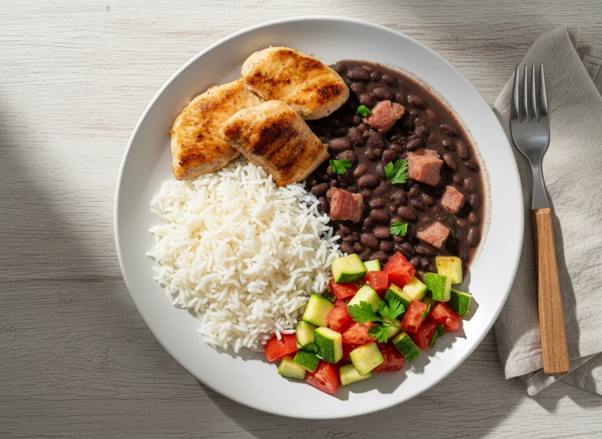 Prato com arroz, feijão, frango e salada photo