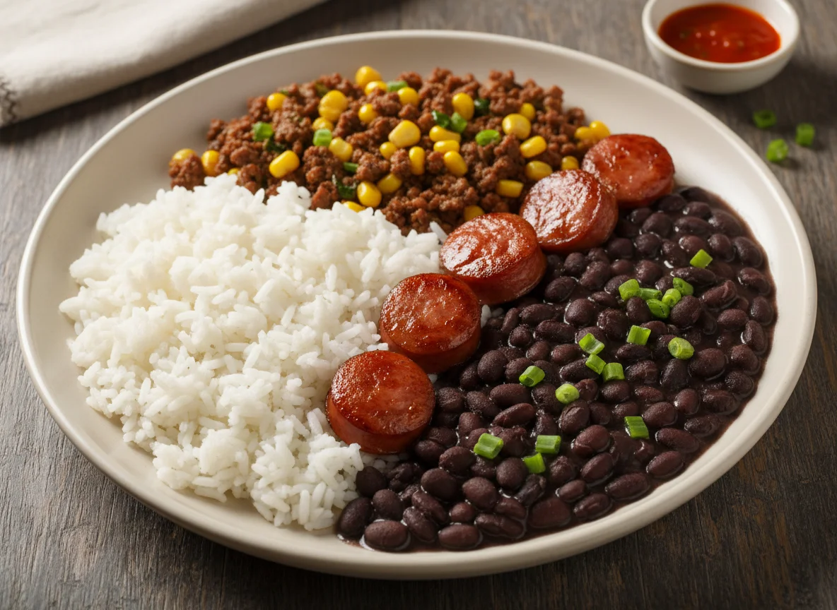 Prato com arroz, feijão, linguiça e carne moída com milho photo