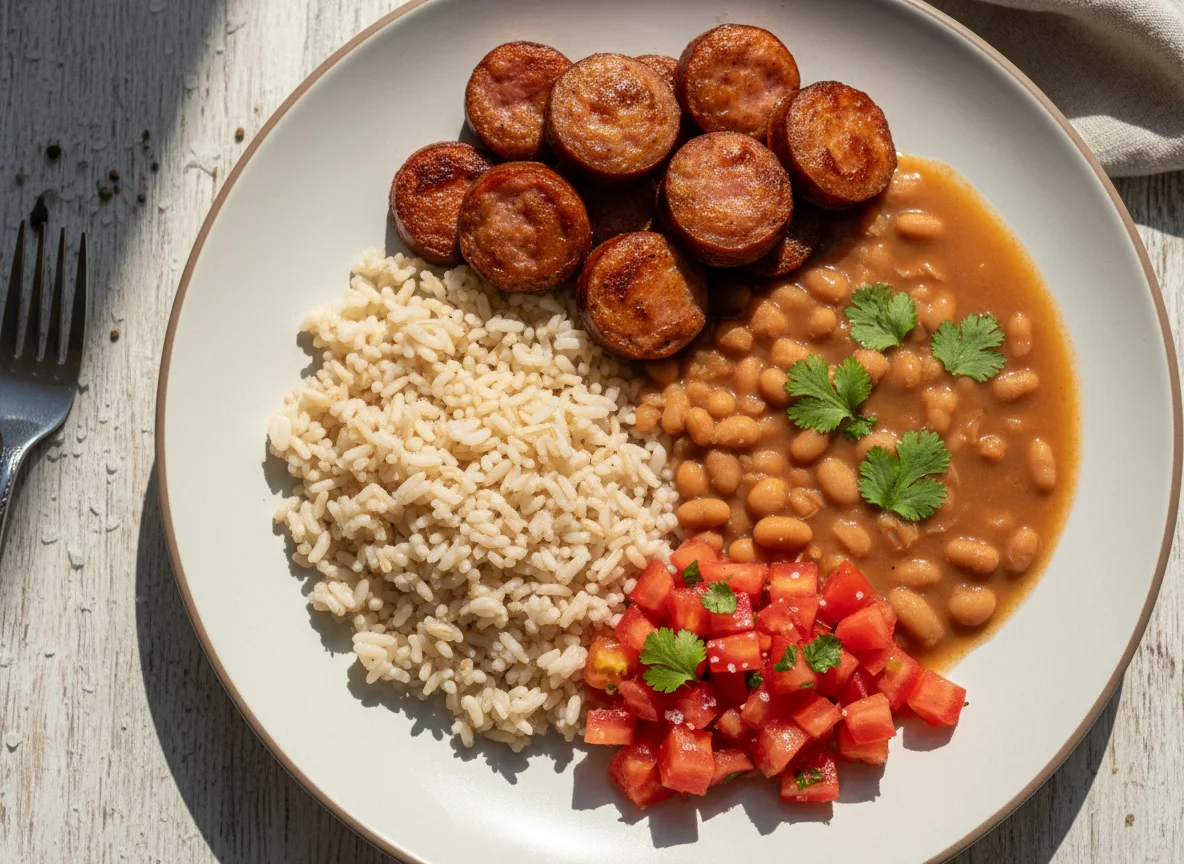 Prato com arroz, feijão, linguiça e tomate photo