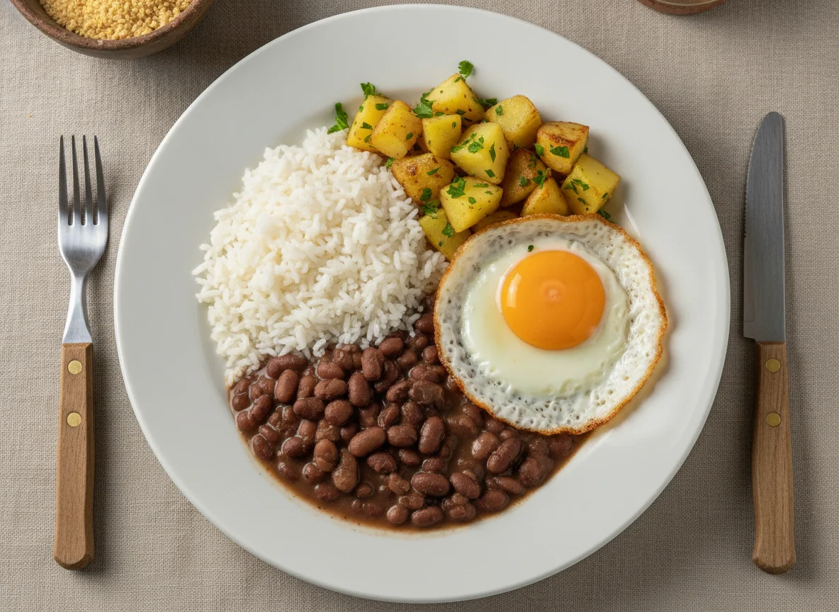 Prato com arroz, feijão, ovo frito e batatas salteadas photo