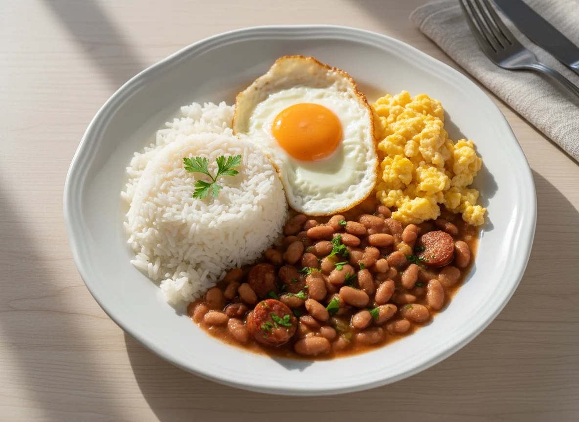Prato com arroz, feijão, ovo frito e ovo mexido photo