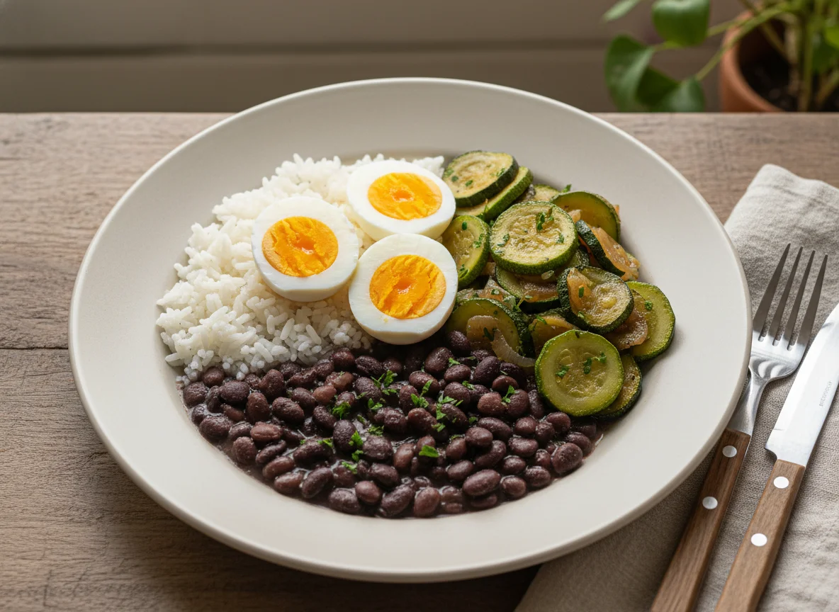 Prato com arroz, feijão, ovos cozidos e abobrinha refogada photo