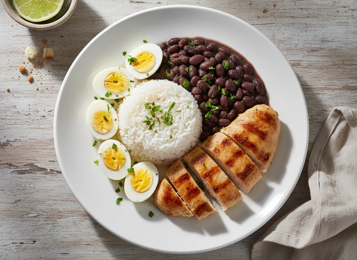 Prato com arroz, feijão, ovos de codorna e frango photo