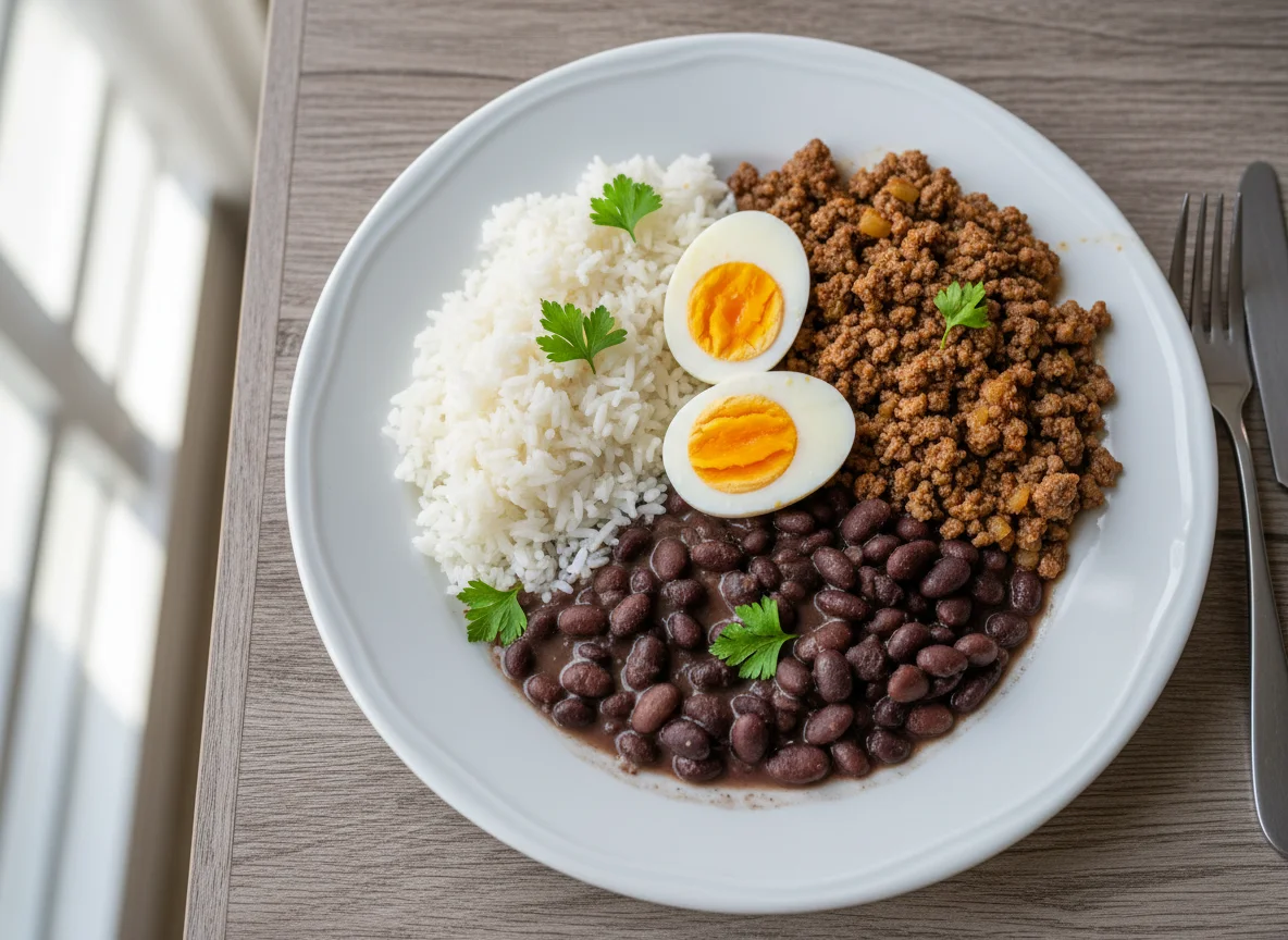 Prato com arroz, feijão, ovos e carne moída photo