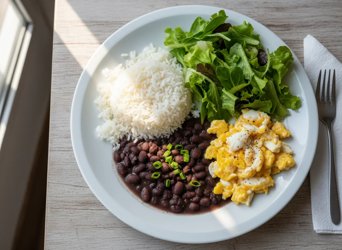 Prato com arroz, feijão, ovos mexidos e alface photo