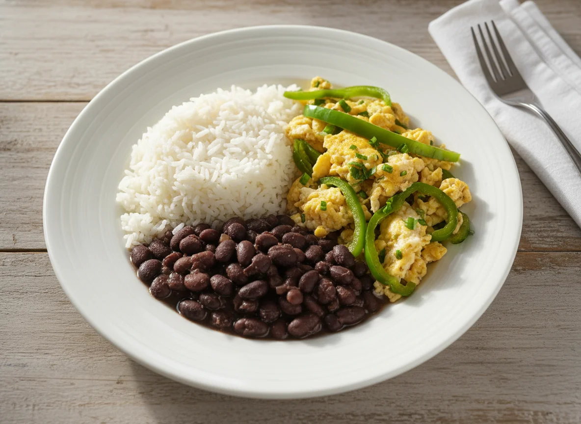 Prato com arroz, feijão, ovos mexidos e pimentão photo