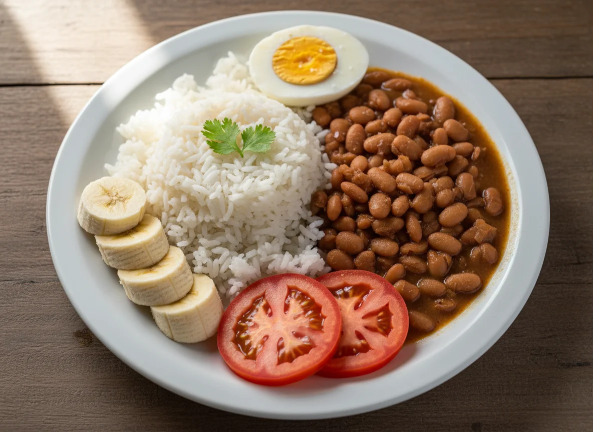 Prato com arroz, feijão, ovos, tomate e banana photo