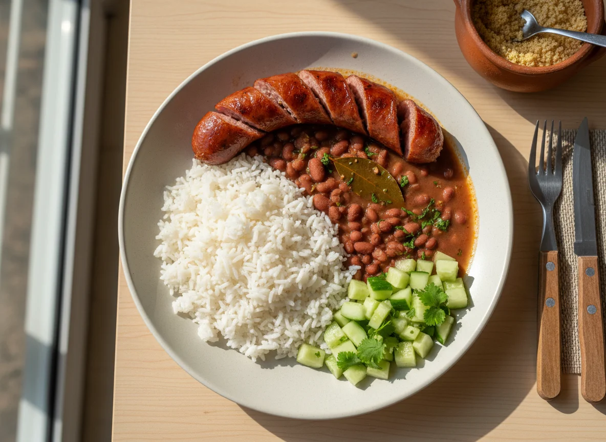 Prato com arroz, feijão, pepino e linguiça photo