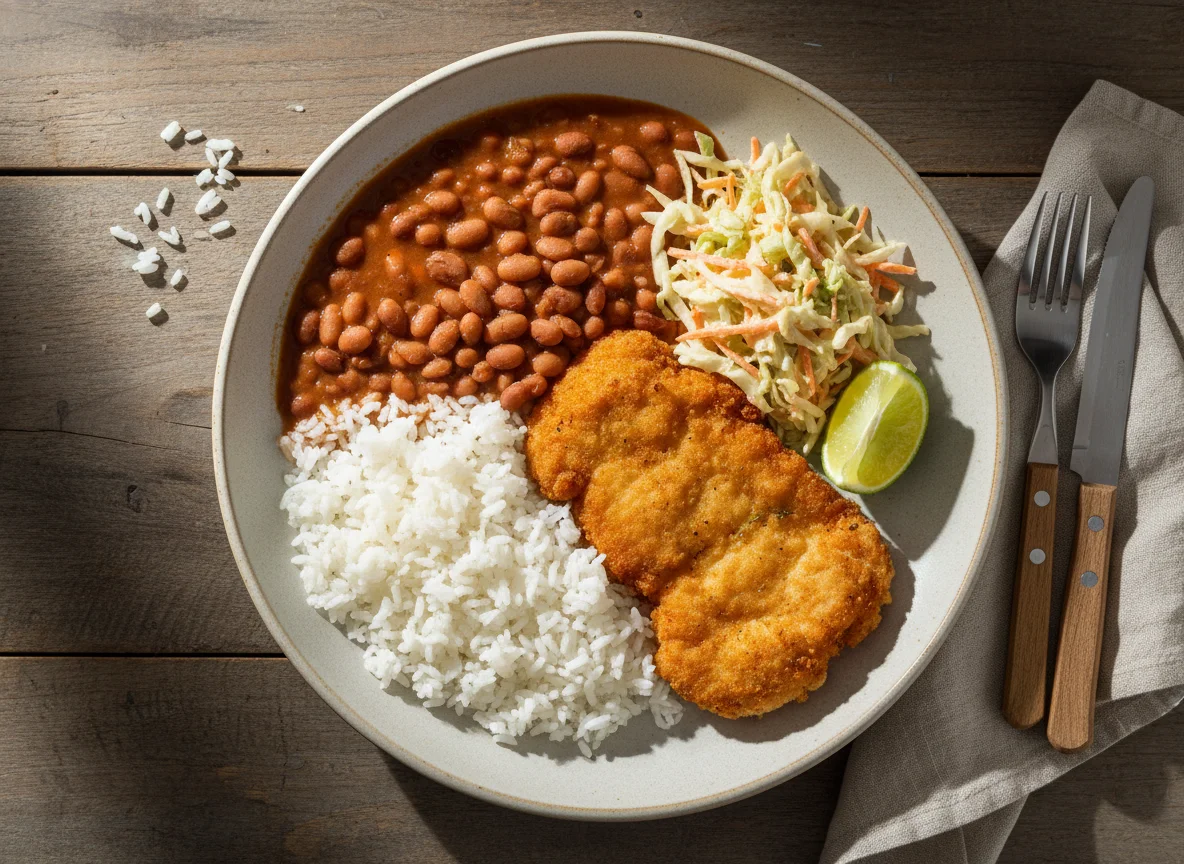 Prato com Arroz, Feijão, Proteína Empanada e Salada photo