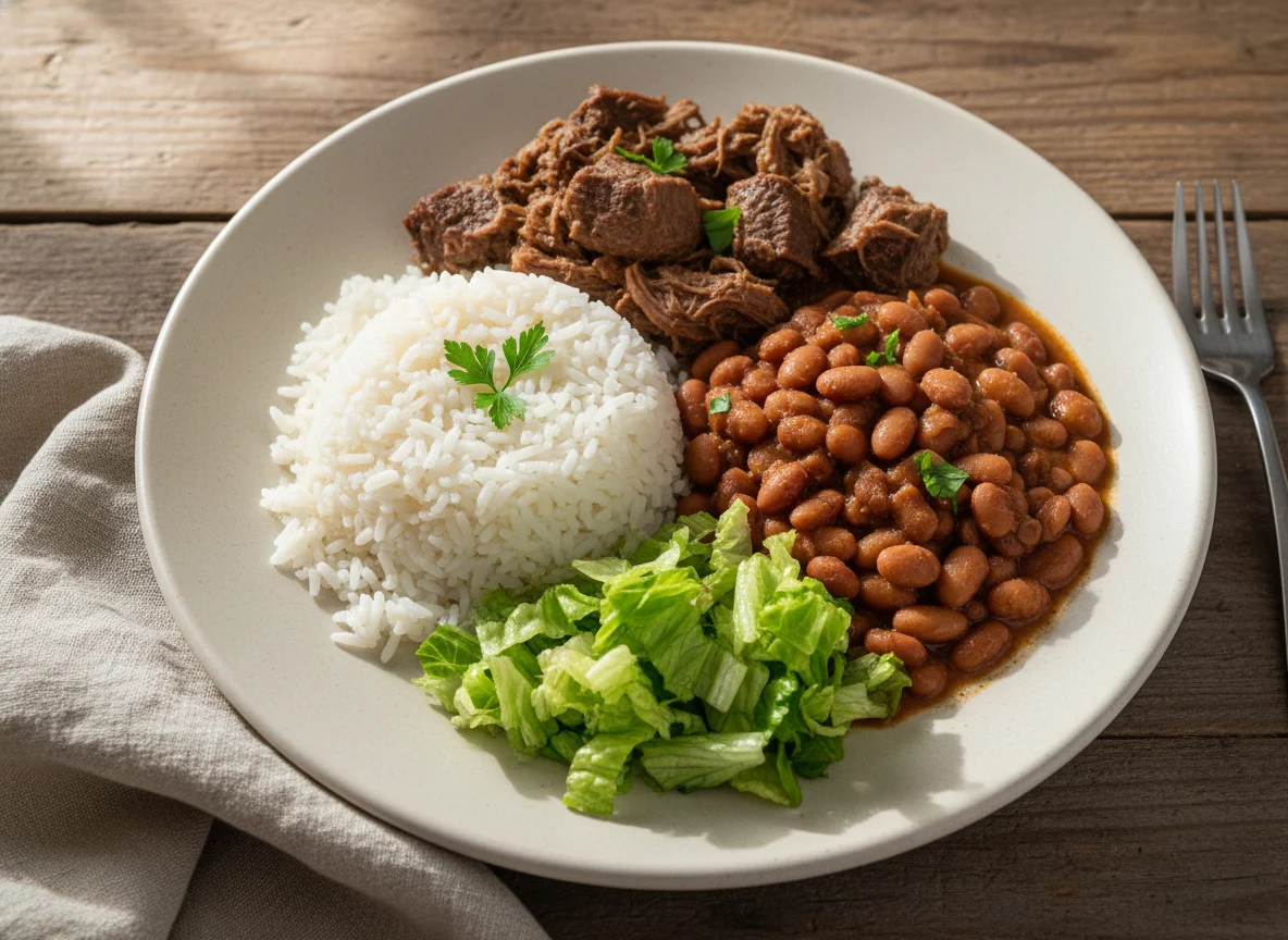 Prato com arroz, feijão, salada e carne photo