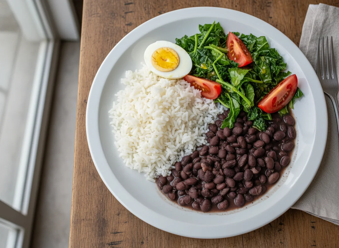 Prato com arroz, feijão, salada e ovo cozido photo