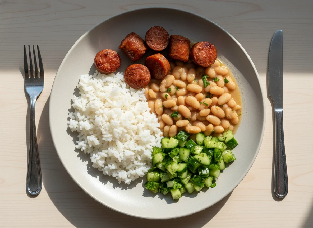 Prato com arroz, feijão, salsicha e pepino photo