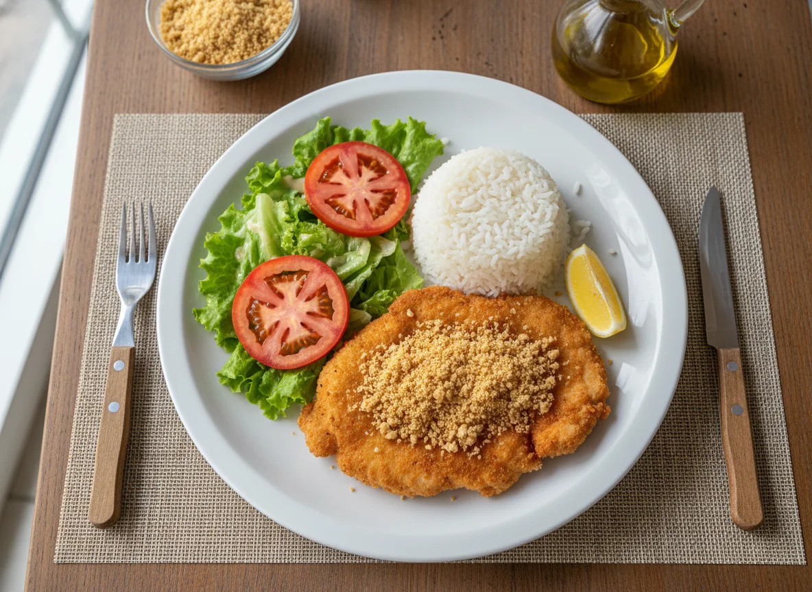 Prato com arroz, frango à milanesa com farofa e salada photo