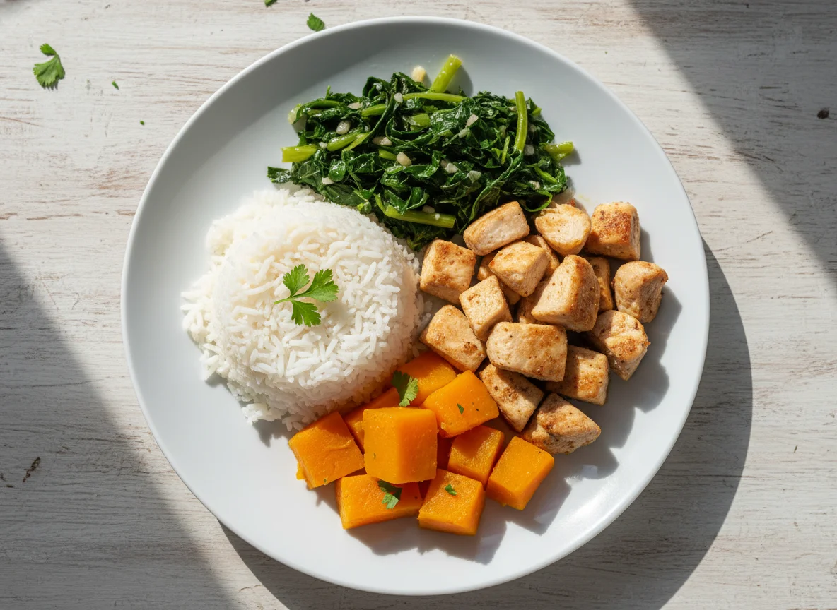 Prato com arroz, frango, abóbora e couve photo