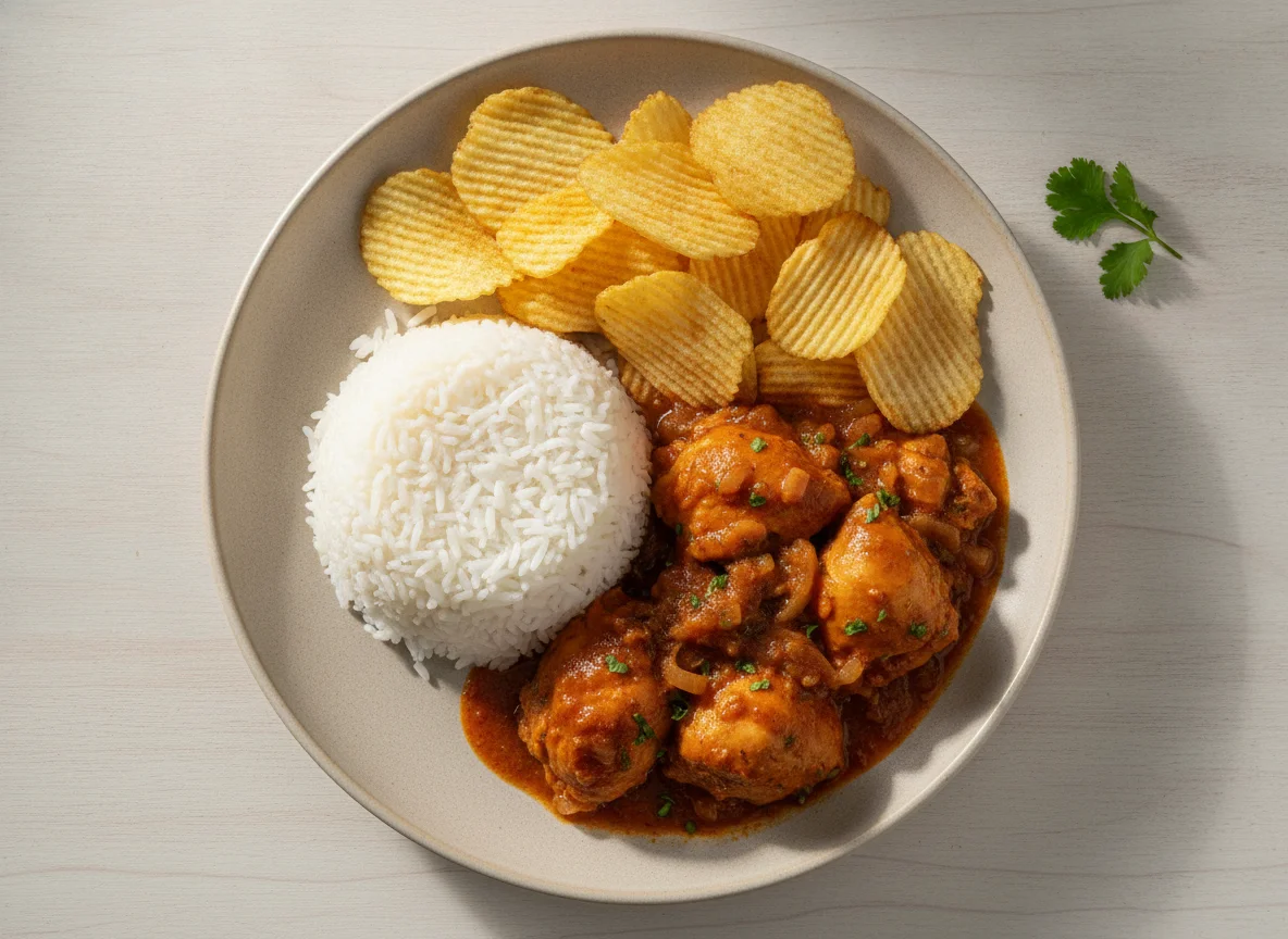 Prato com arroz, frango ao molho e batata chips photo