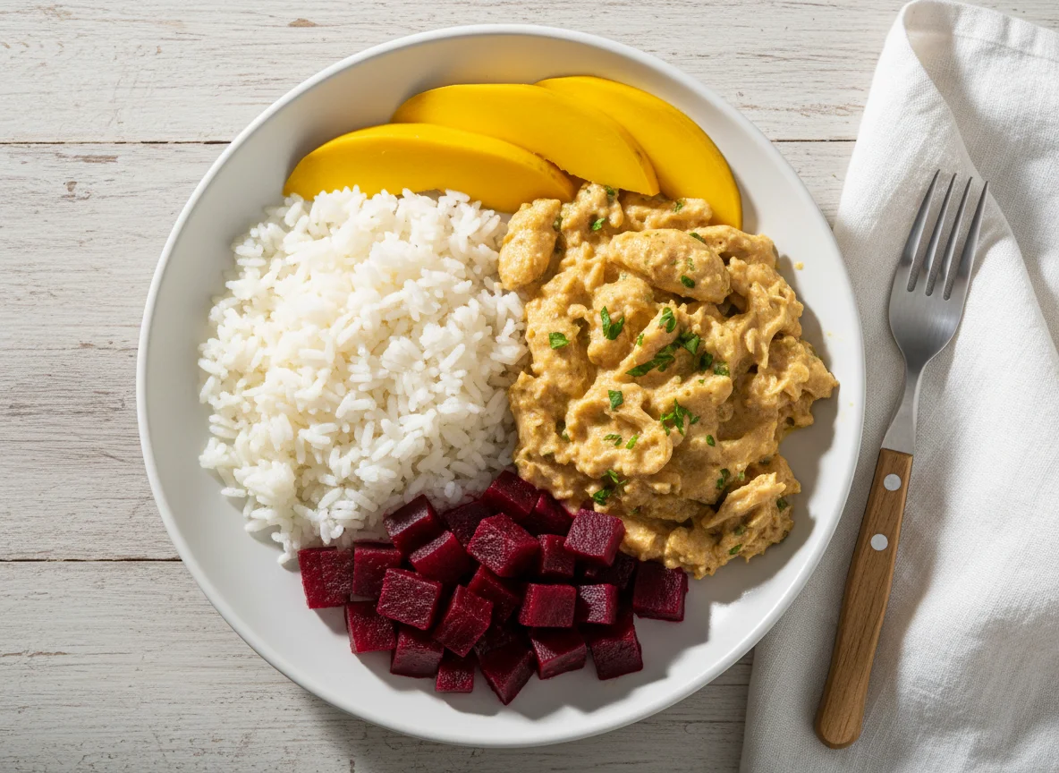 Prato com arroz, frango cremoso e beterraba photo