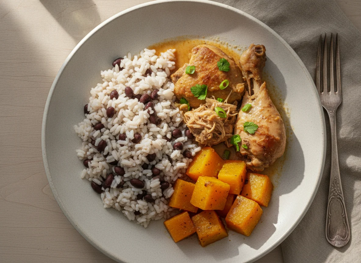 Prato com arroz, frango e abóbora photo