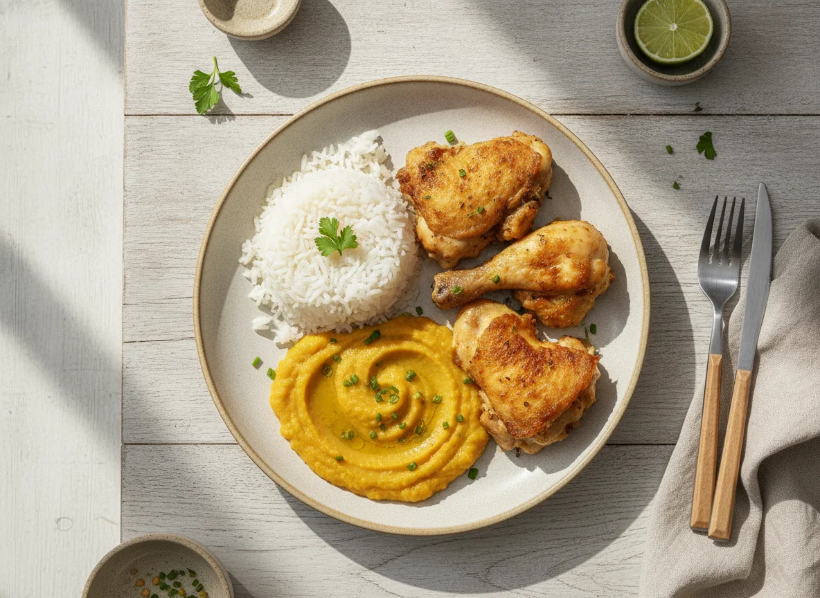 Prato com arroz, frango e creme de legumes photo