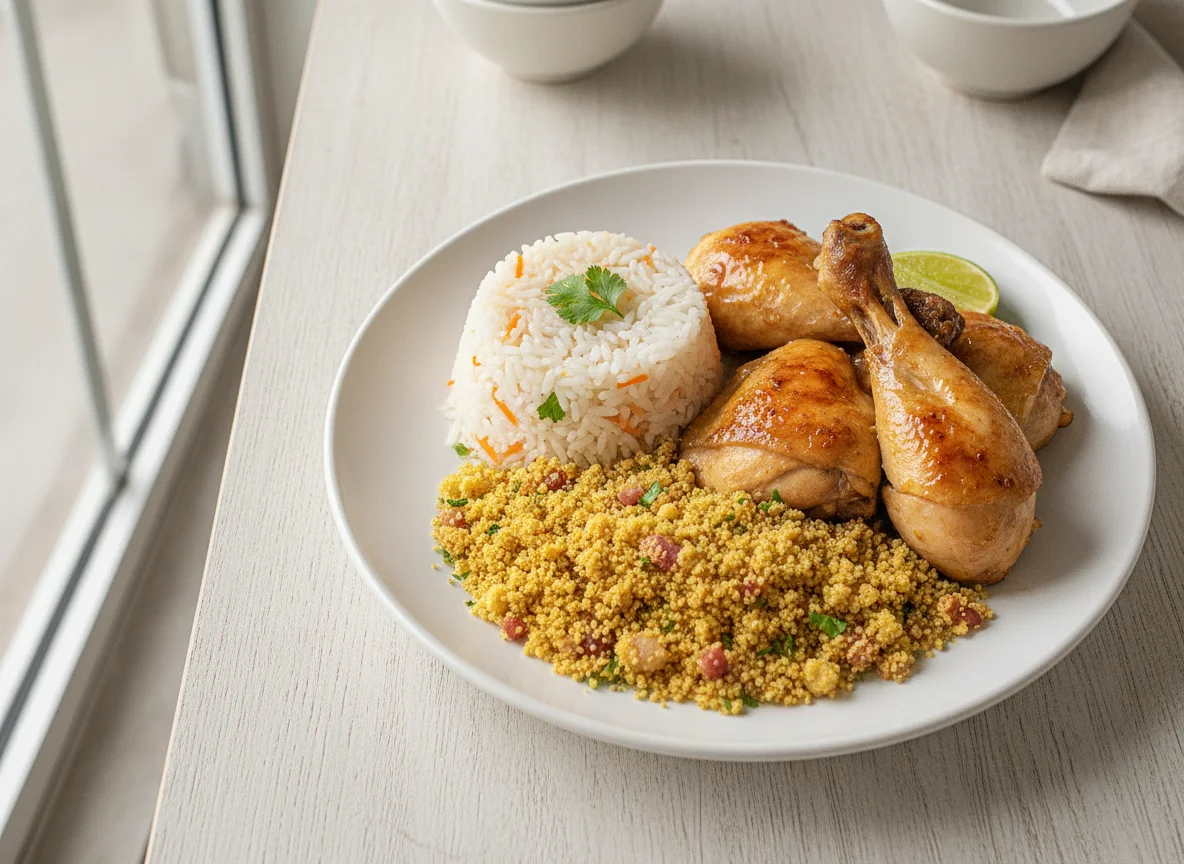 Prato com arroz, frango e farofa photo