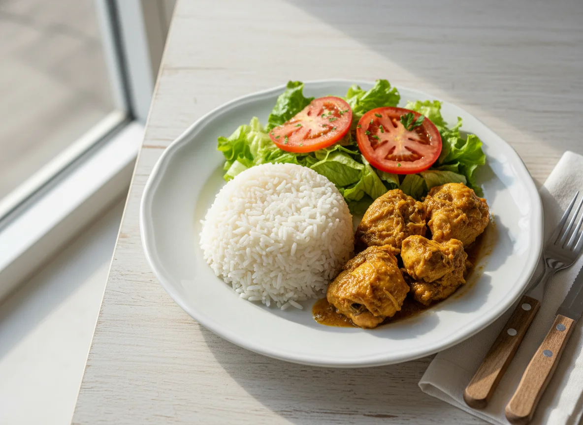 Prato com arroz, frango e salada photo