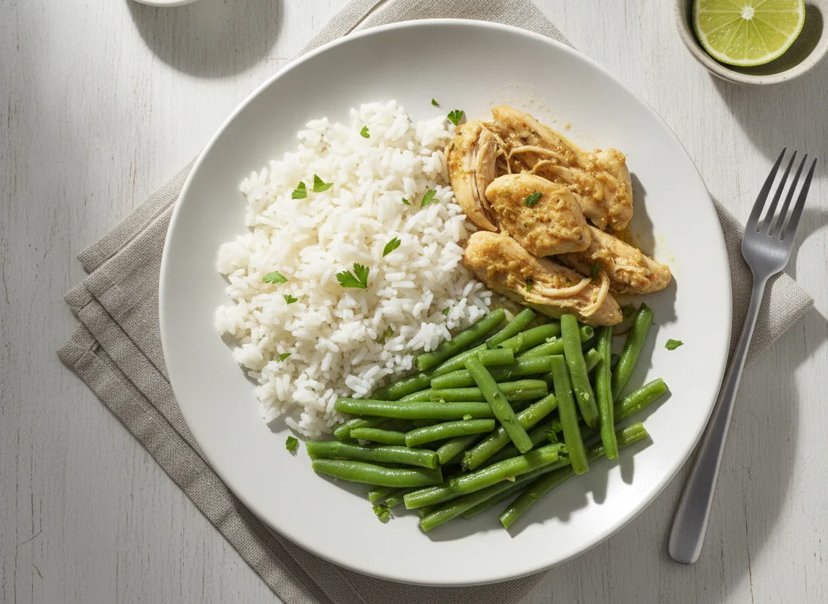 Prato com arroz, frango e vagem photo