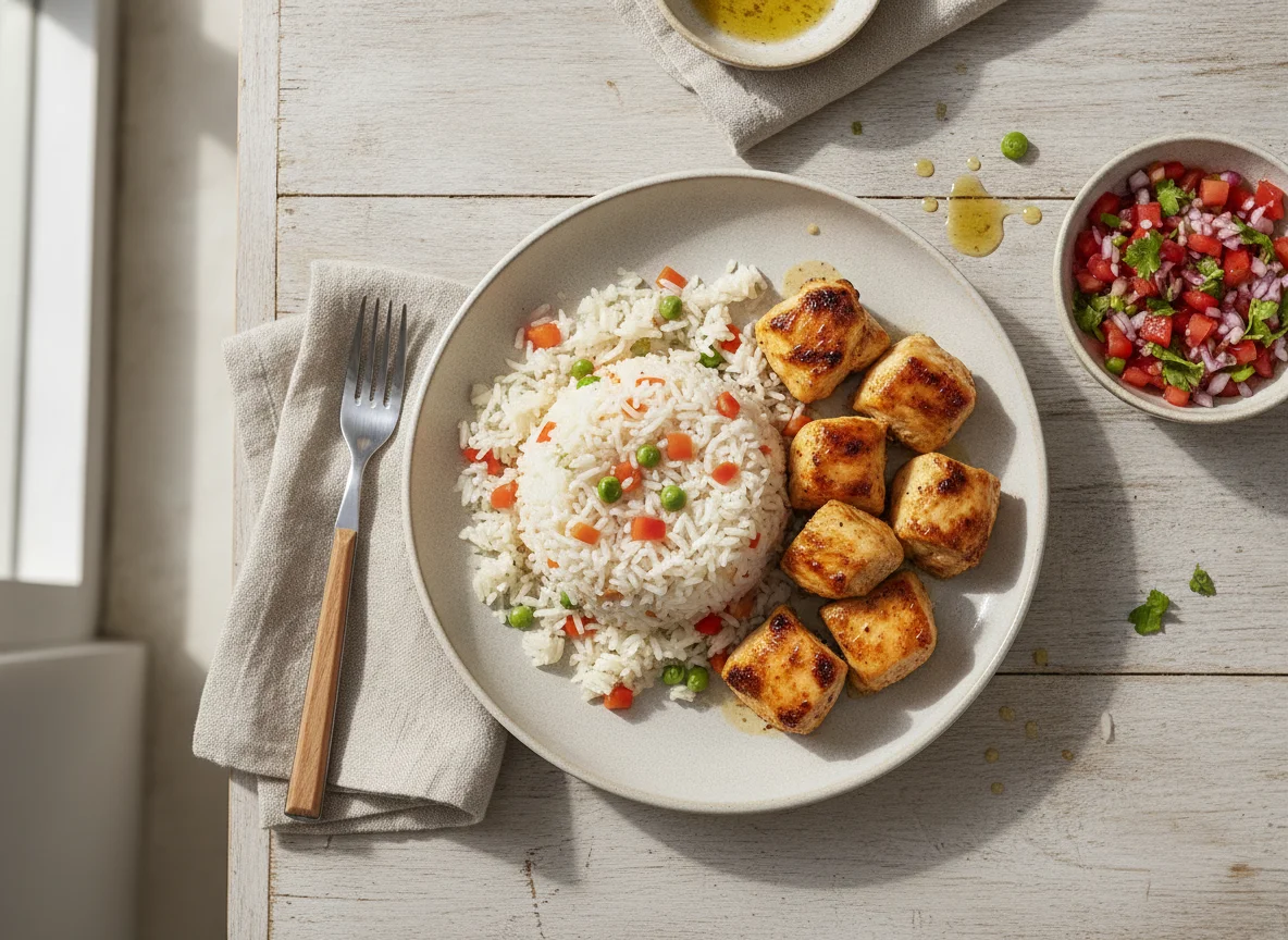 Prato com arroz, frango e vinagrete photo