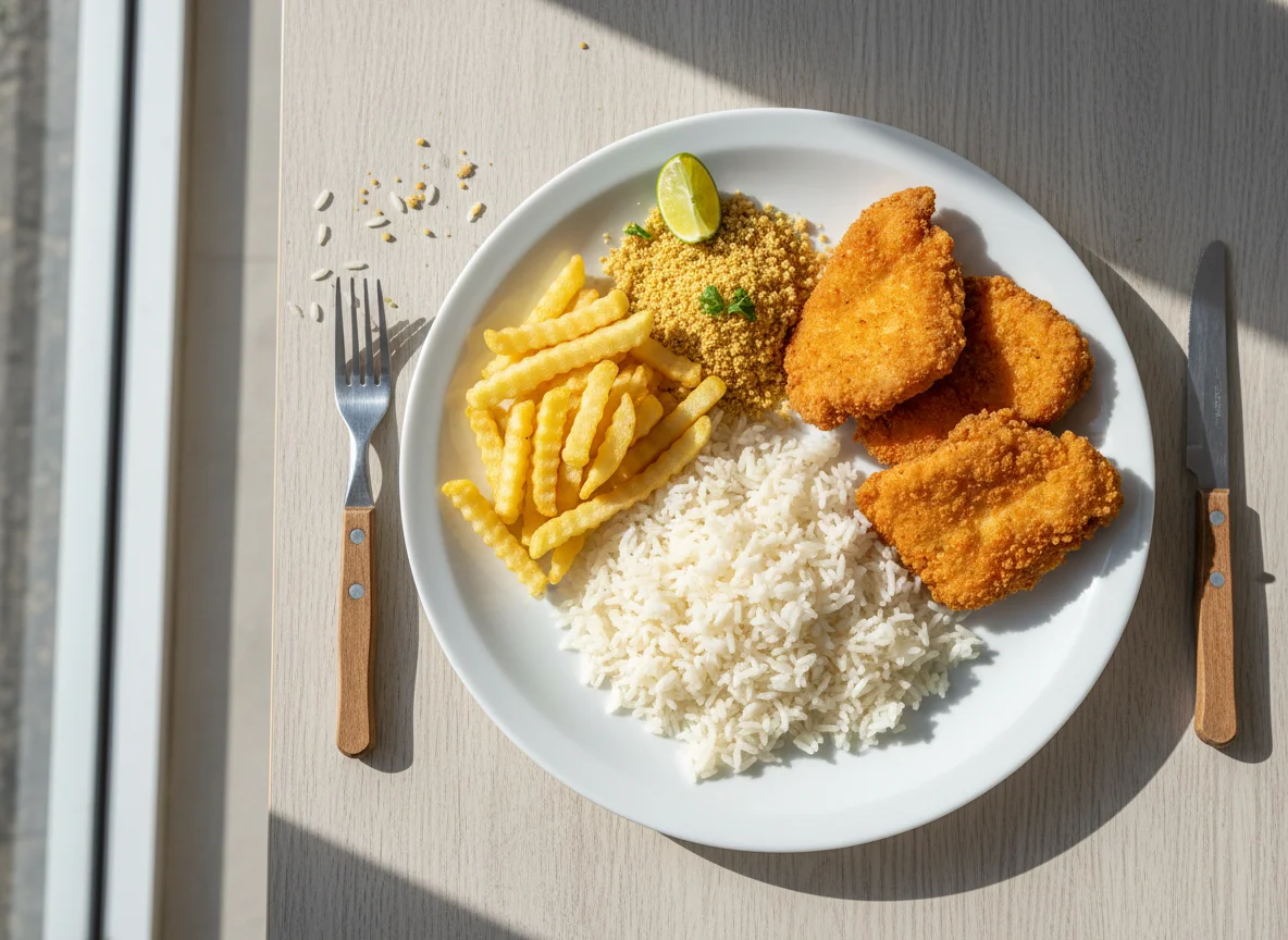 Prato com arroz, frango empanado e batata frita photo