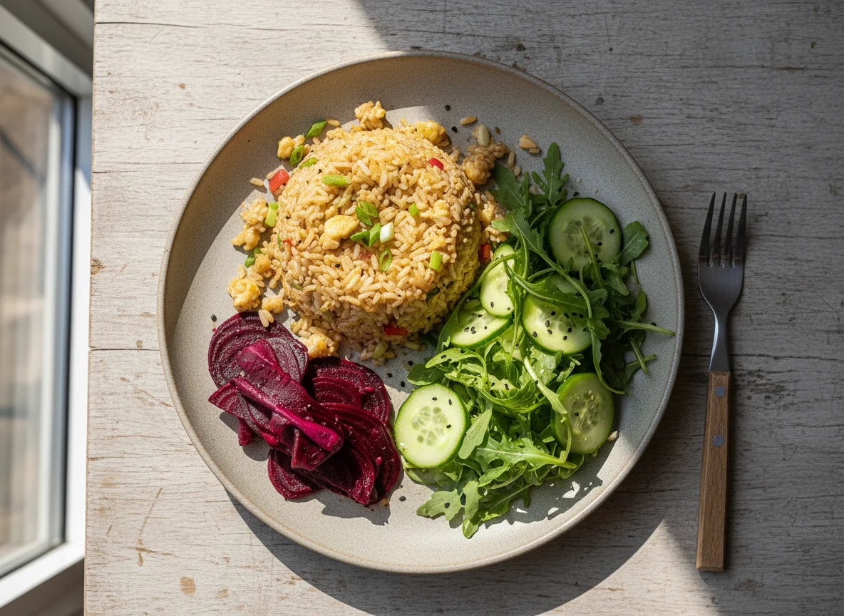 Prato com arroz frito, beterraba e salada photo