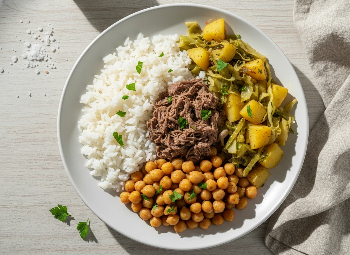 Prato com arroz, grão de bico, legumes e carne photo