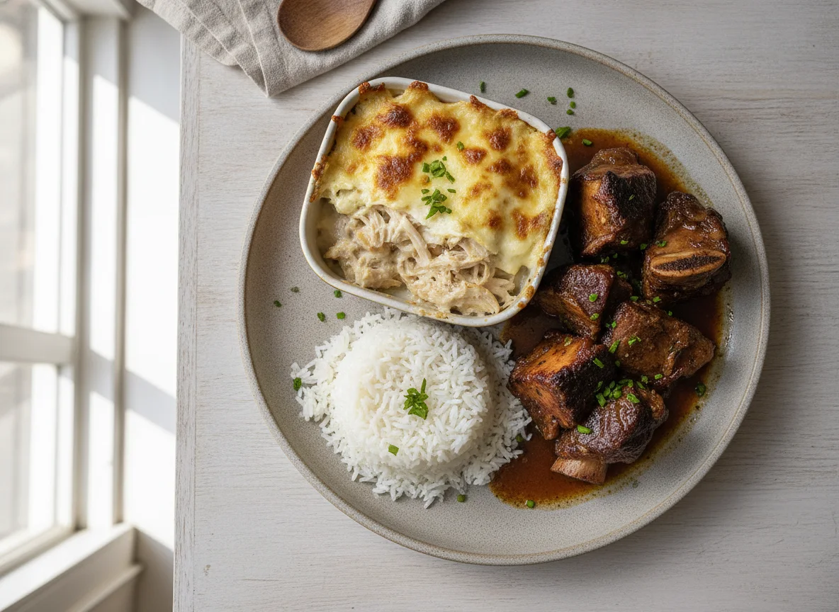 Prato com arroz, gratinado e carne assada photo