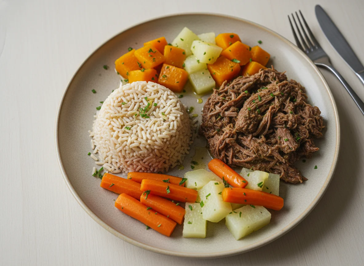 Prato com arroz integral, carne e legumes cozidos photo