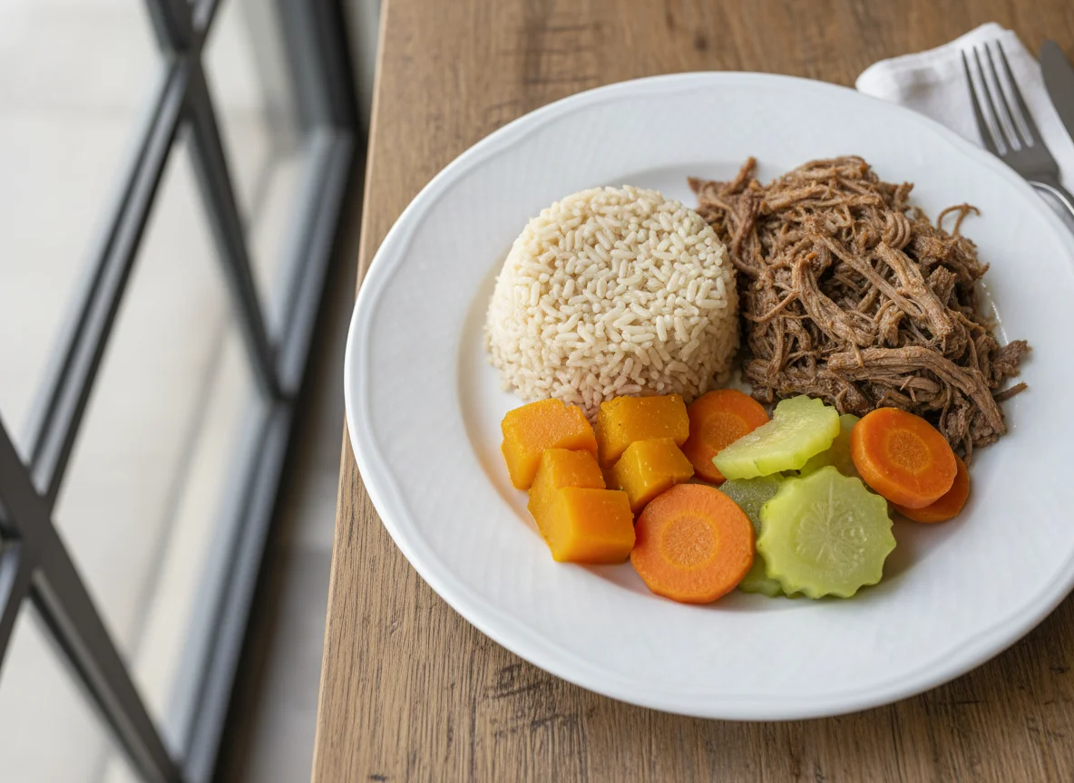 Prato com arroz integral, carne e vegetais photo