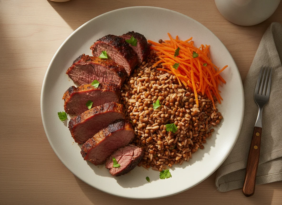 Prato com arroz integral, cenoura e carne photo