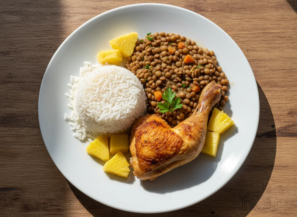 Prato com arroz, lentilha, frango assado e abacaxi photo