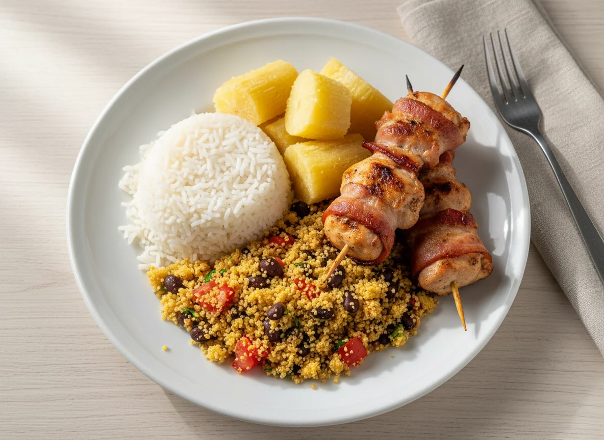 Prato com arroz, mandioca, farofa e espetinho de frango com bacon photo