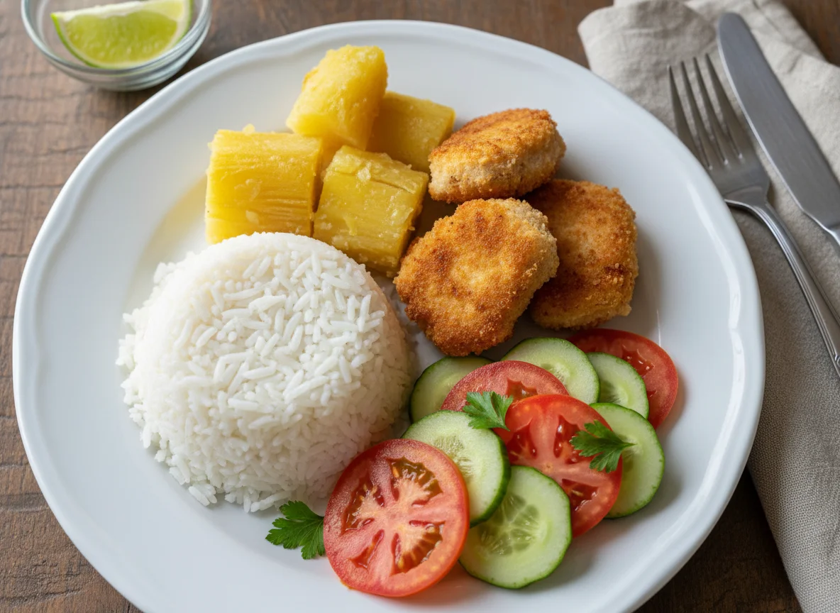 Prato com arroz, mandioca, nuggets e salada photo