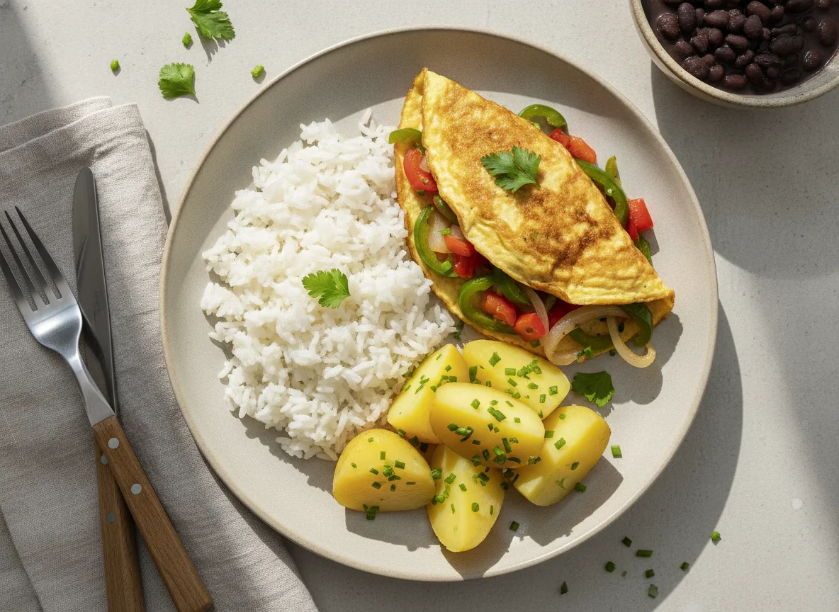 Prato com arroz, omelete e batatas photo