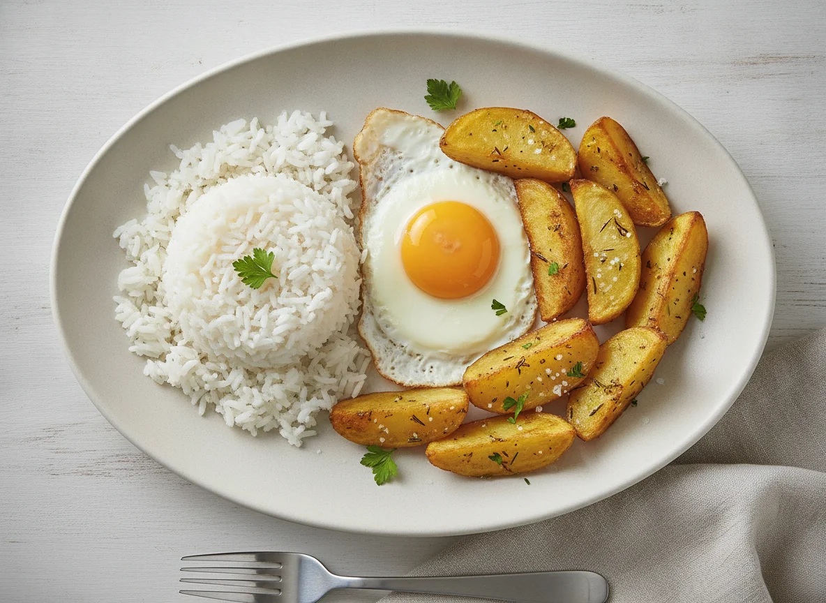 Prato com arroz, ovo frito e batatas assadas photo