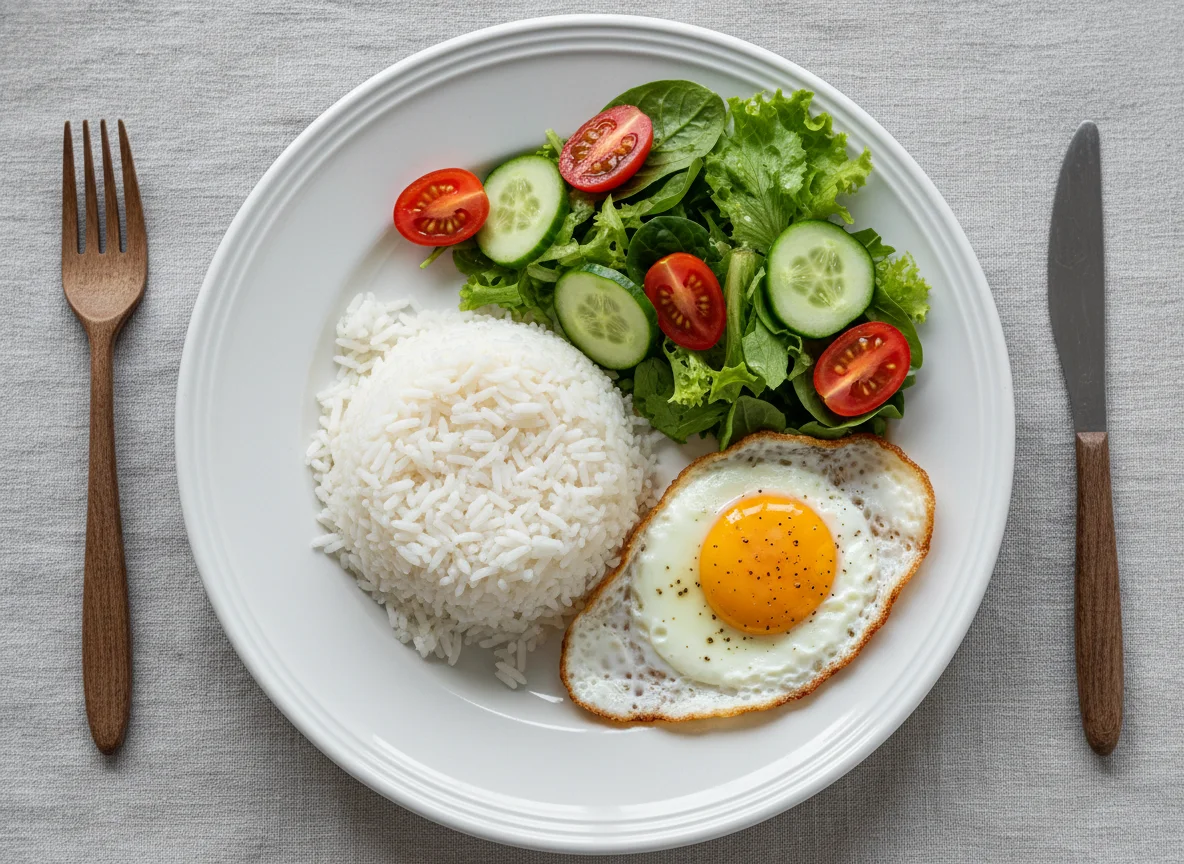 Prato com arroz, ovo frito e salada photo