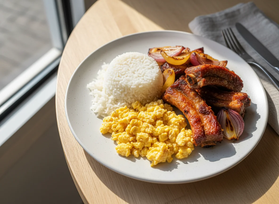 Prato com arroz, ovo mexido, costela e cebola assada photo