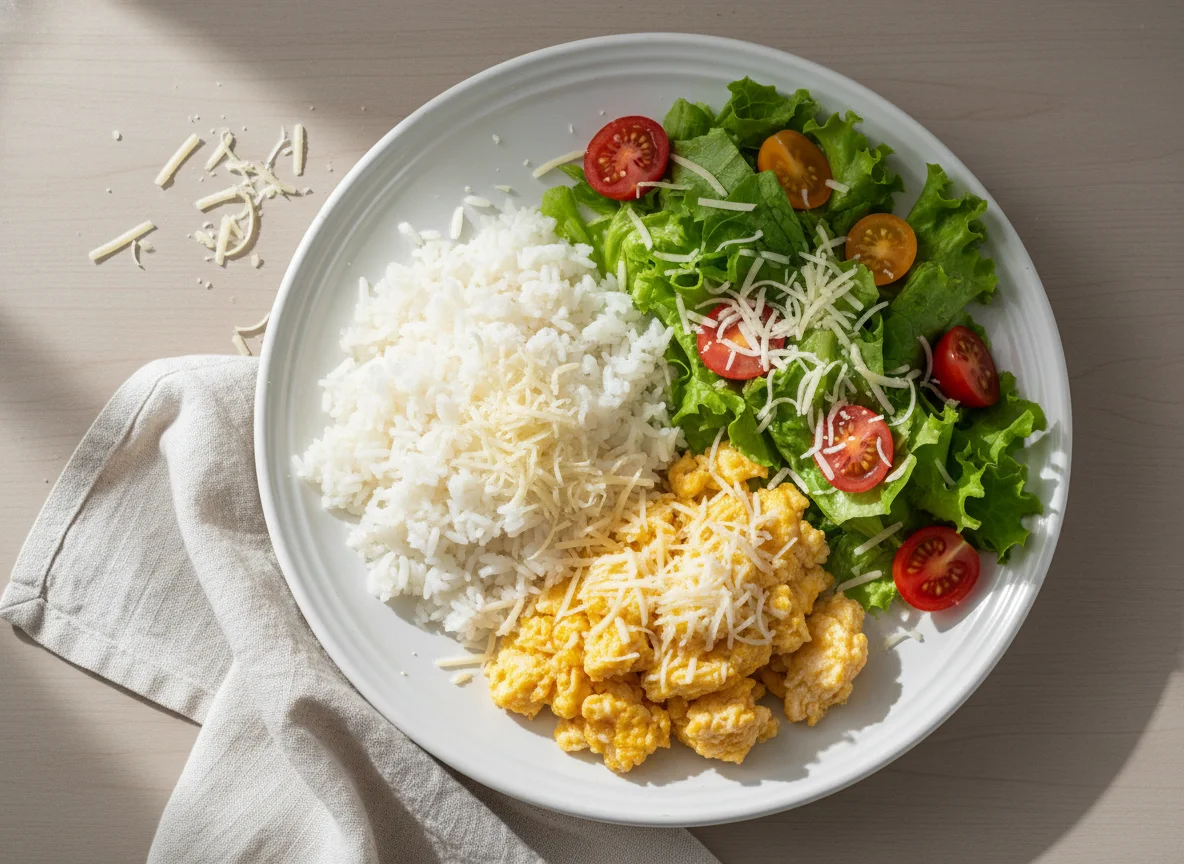 Prato com arroz, ovo, salada e queijo photo
