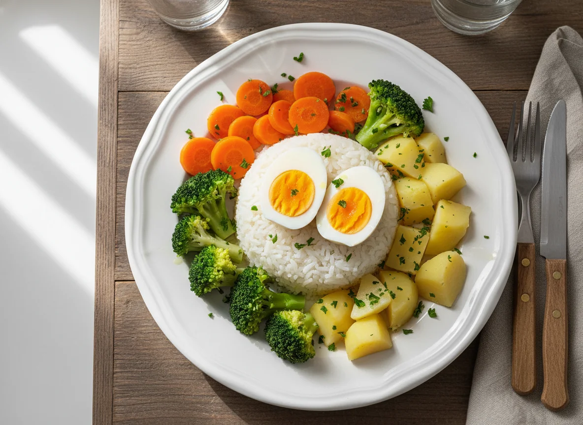 Prato com arroz, ovos, batata, brócolis e cenoura photo