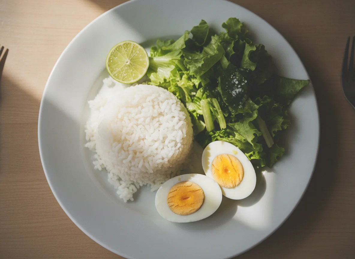 Prato com arroz, ovos cozidos e alface photo